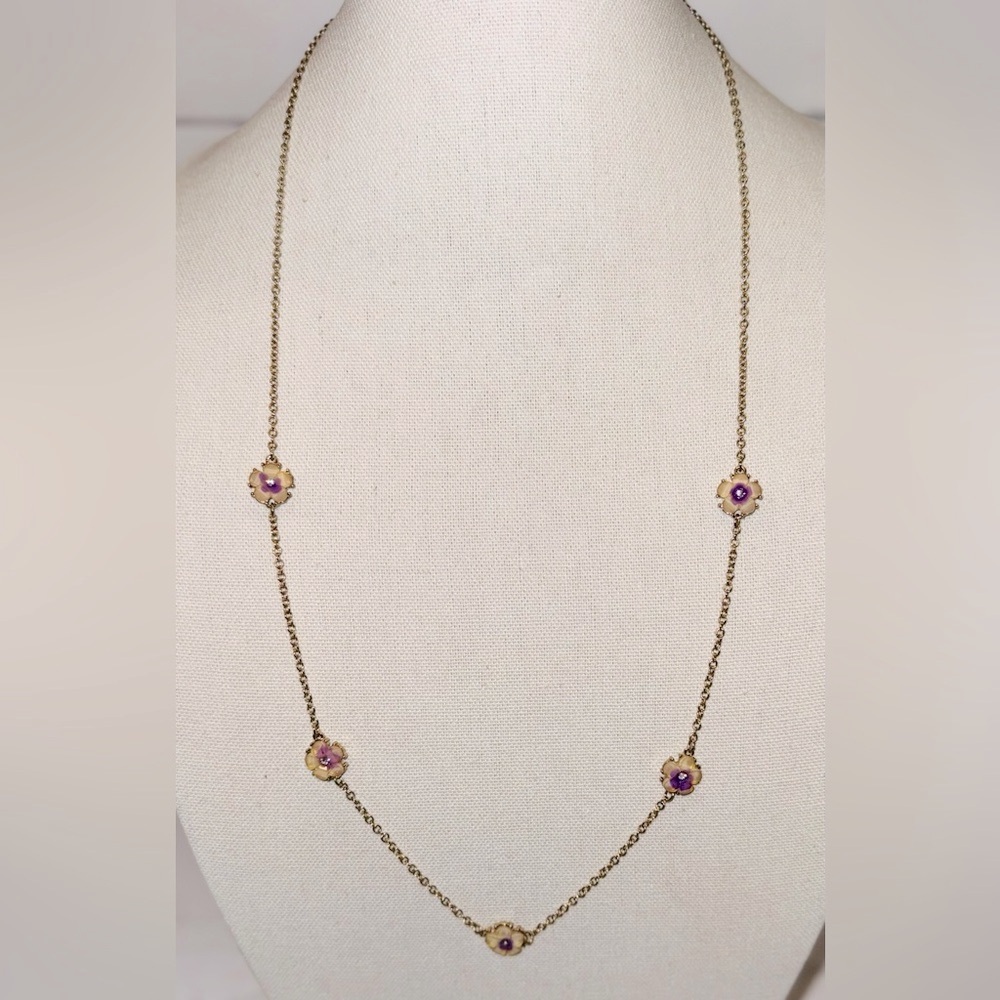 SAQ Gold-Tone Floral Station Necklace, Purple & Cream Acrylic Flowers & Crystals - Picture 2 of 6